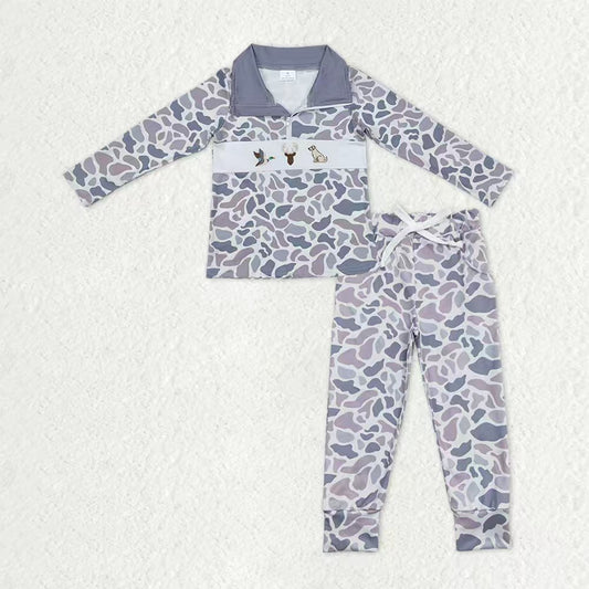 Baby Boys Light Grey Camo Embroidery Deer Dogs Ducks Zip Pullover Pockets Legging Hunting Clothes Sets