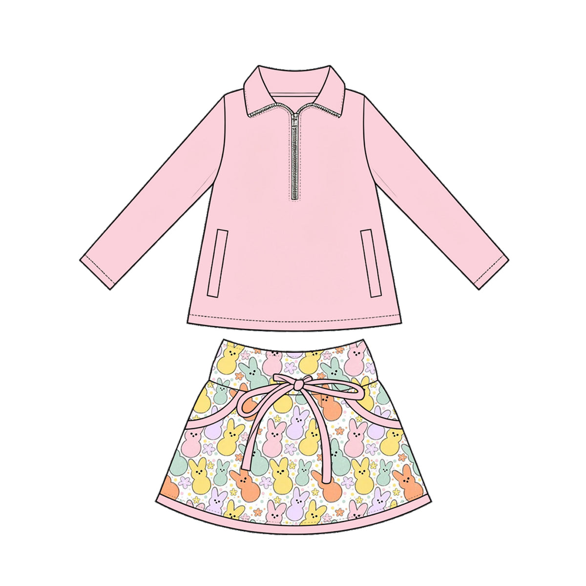 Preorder (moq 5) Baby Girl Clothes Easter Bunny Peeps Print Pink Long Sleeve Half Zip Top Bow Skirt Set
