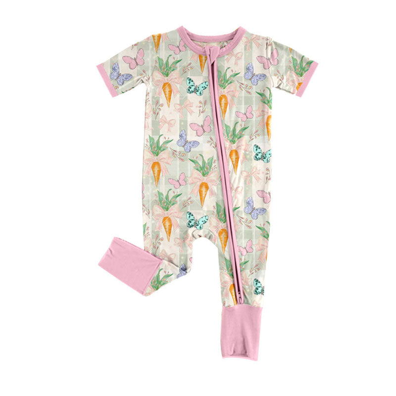 Preorder (moq 8)Baby Girls Bows Carrots Butterfly Checked Easter Zipper Footie Rompers