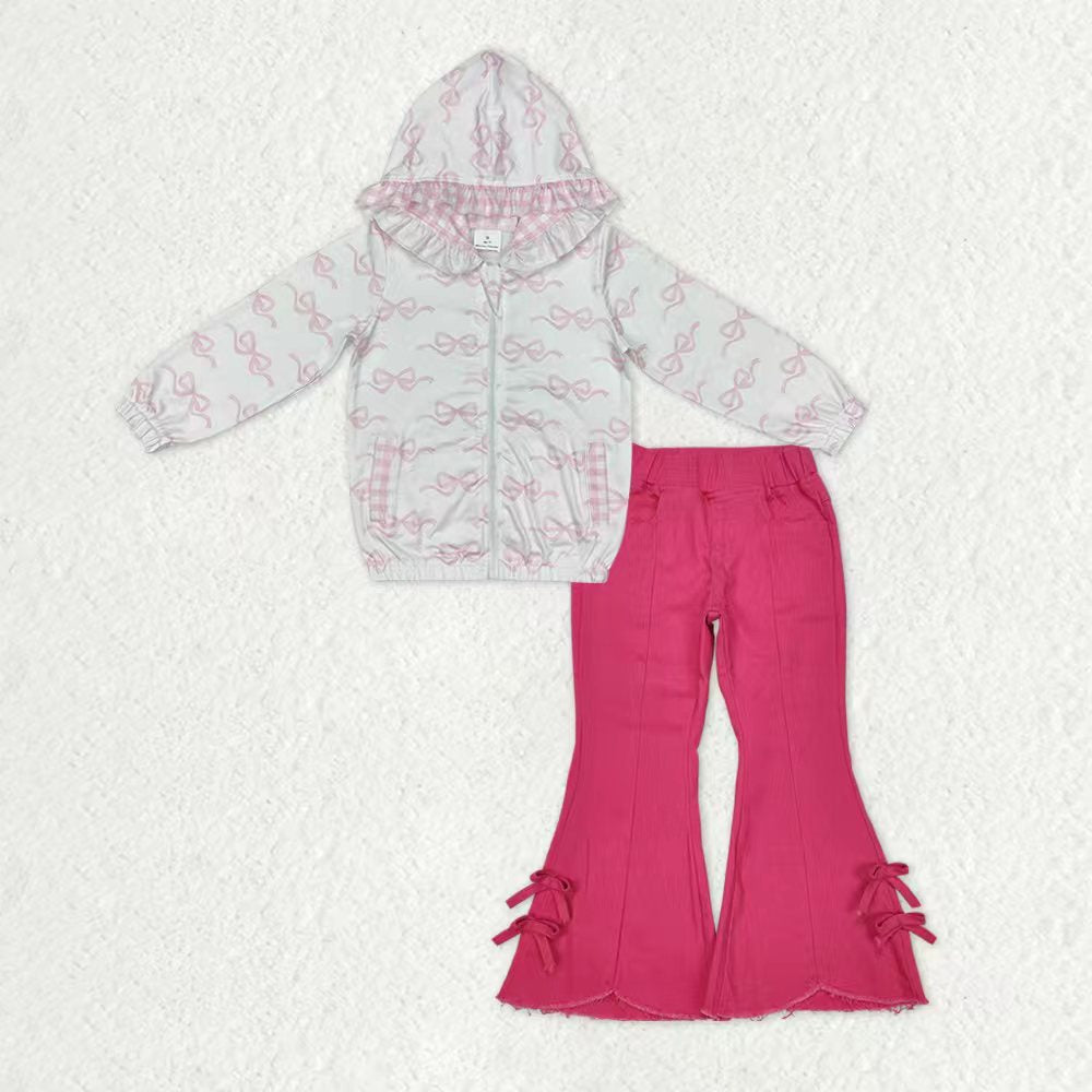 Sibling Baby Girls Pink Bows Zip Pocket Hoodies Jacket Denim Bell Bottom Pants Clothes Sets