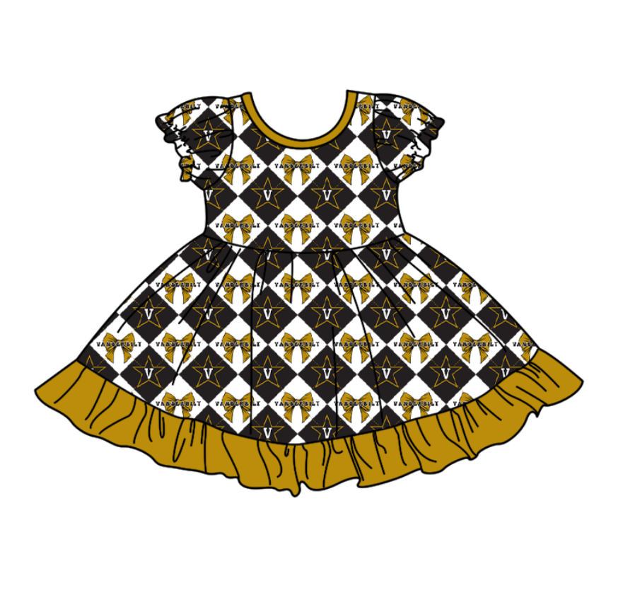 Preorder (moq 5)Baby Girls Team Bows Checked Ruffle Knee Length Dresses