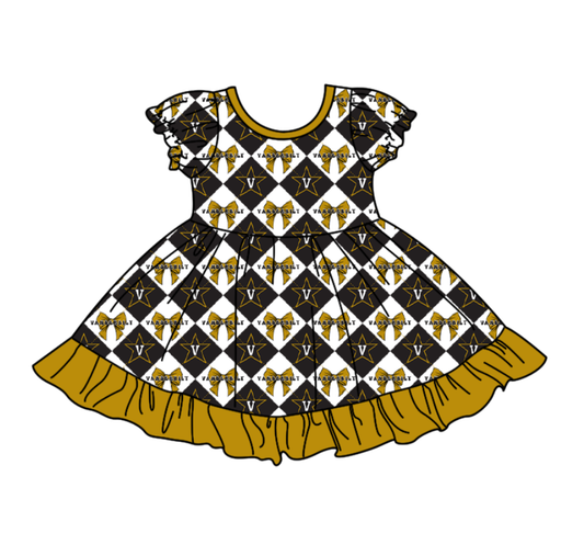 Preorder (moq 5)Baby Girls Team Bows Checked Ruffle Knee Length Dresses