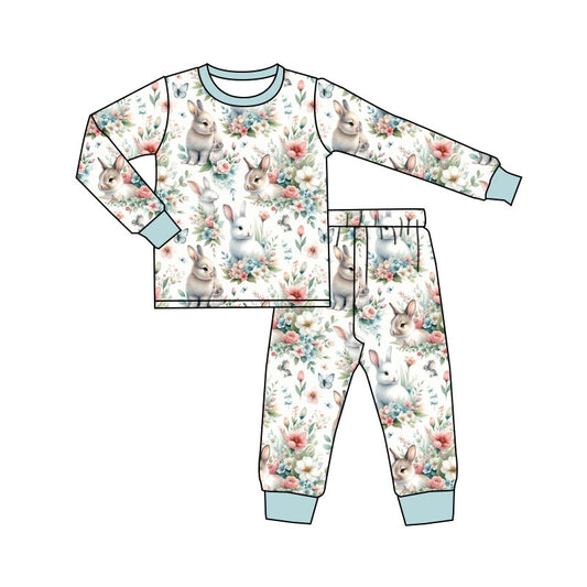 Preorder (moq 20)Baby Girls Bamboo Floral Rabbits Easter Pants Pajamas Sets