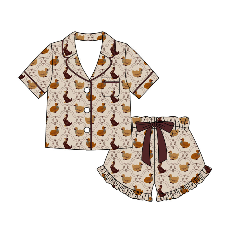 Preorder moq 5 Adult Women Bow Gooses Button Pocket Top Ruffle Short Hunting Pajamas Sets