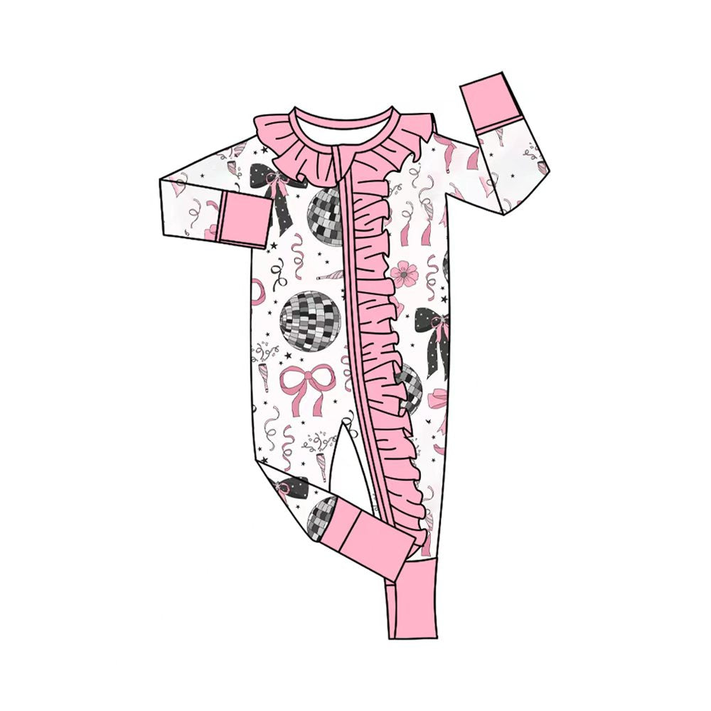 Preorder (moq 20)Baby Girls Bamboo Pink Bows Balls Happy New Year Ruffle Zippy Footie Rompers