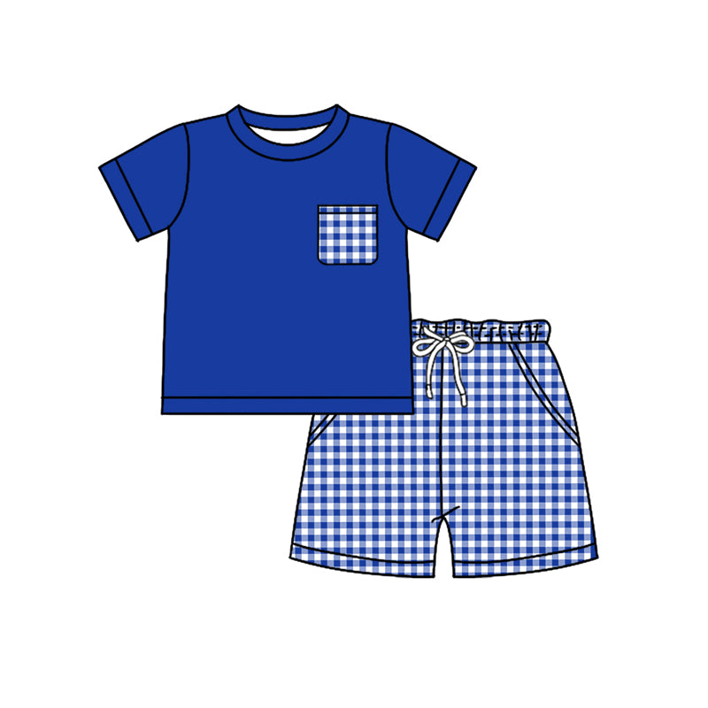 Preorder (moq 5)Baby Boys Blue Shirt Top Checked Pockets Shorts Clothes Set