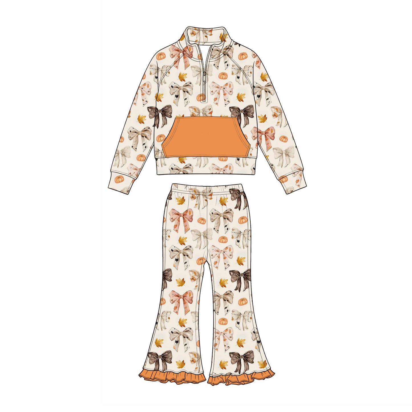 Preorder (moq 5) Baby Girls Bows Pumpkins Zip Pocket Pullovers Bell Bottom Pant Fall Clothes Sets
