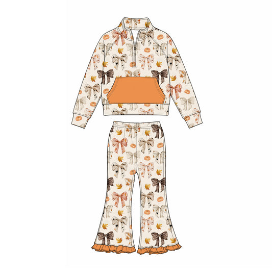 Preorder (moq 5) Baby Girls Bows Pumpkins Zip Pocket Pullovers Bell Bottom Pant Fall Clothes Sets