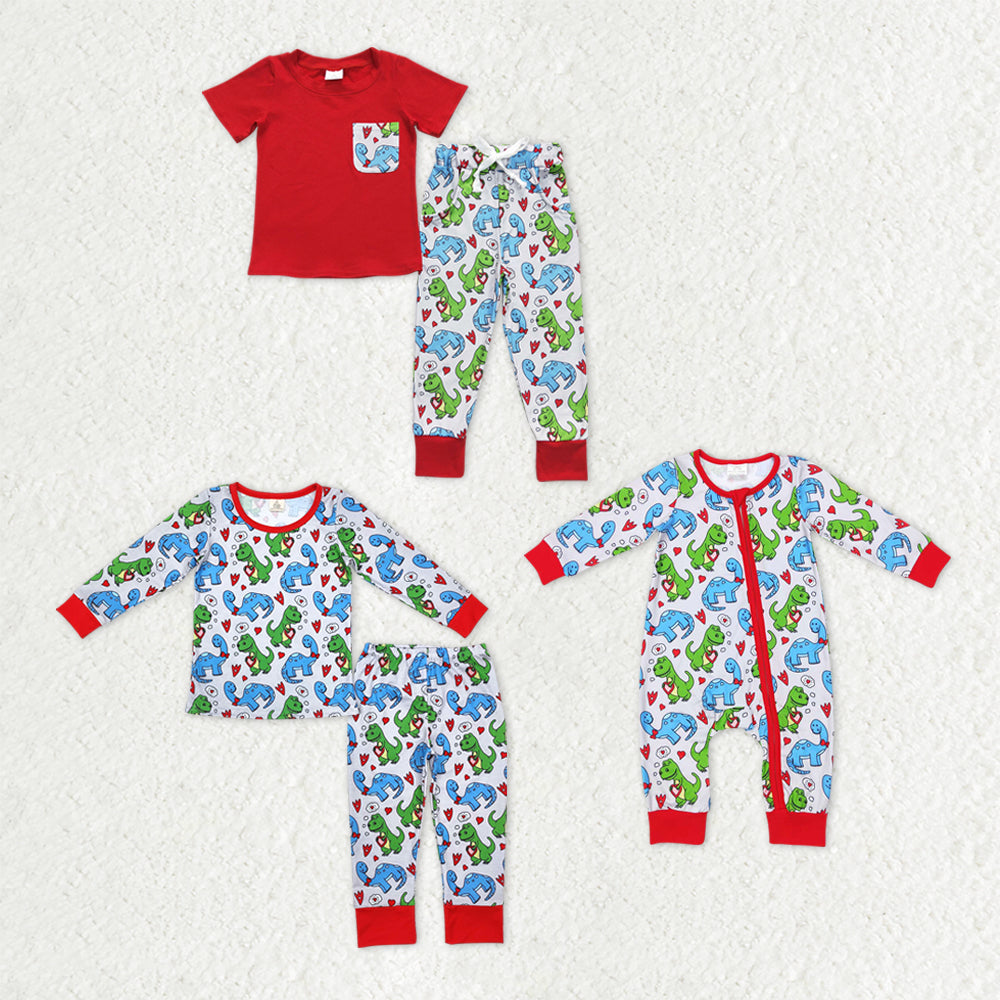 Sibling Baby Boys Hearts Dinosaurs Top Pants Valentine Pajamas Clothes Sets Zipper Footie Rompers