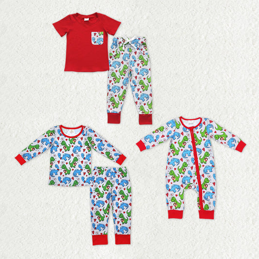 Sibling Baby Boys Hearts Dinosaurs Top Pants Valentine Pajamas Clothes Sets Zipper Footie Rompers
