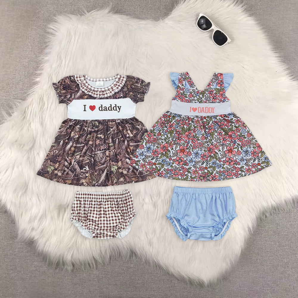 Sibling Baby Girls Embroidery I Love Daddy Floral Tunic Bummies Clothes Sets