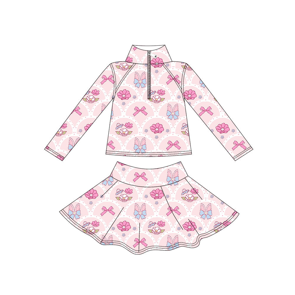 Preorder moq 5 Baby Girls’ Pink Floral Bow Zip Pullover Top & Skirt Set, Mardi Gras Yoga Activewear Outfit