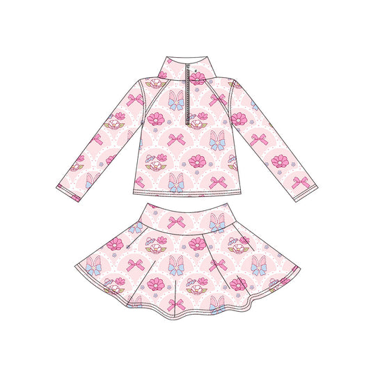 Preorder moq 5 Baby Girls’ Pink Floral Bow Zip Pullover Top & Skirt Set, Mardi Gras Yoga Activewear Outfit