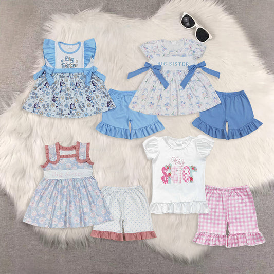 Sibling Baby Girls Big Sister Floral Bows Tunic Ruffle Shorts Clothes Sets