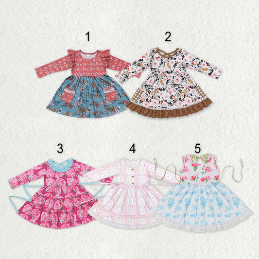 Sibling Baby Girls Bows Flowers Pockets Ruffle Knee Length Dresses With Belt