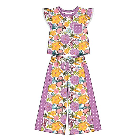 Preorder (moq 5) Baby Girl Clothes Easter Floral Bunny Mixed Print Flutter Short Sleeve Wide Leg Pant Set