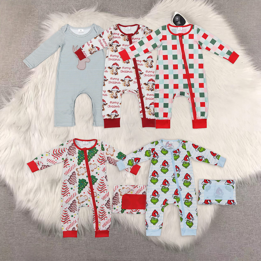 Sibling Baby Infant Boys Christmas Cows Plaid Embroidery Deer Zip Rompers