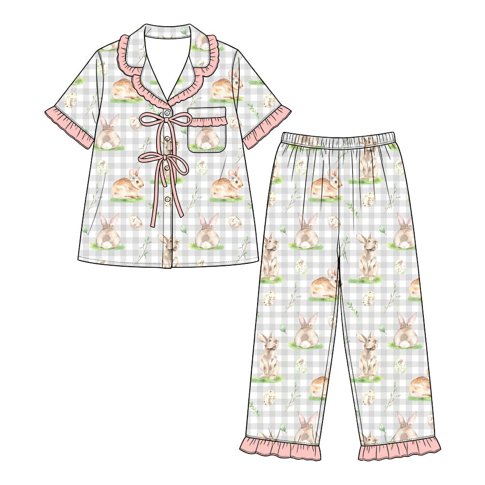 Preorder (moq 5) Baby Girl Clothes Easter Bunny Egg Gingham Mixed Print Short Sleeve Ruffle Pajama Set