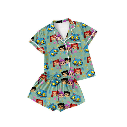 Preorder(moq 5) Baby Girls Cartoon Girls Flowers Button Pockets Top Shorts Pajamas Sets