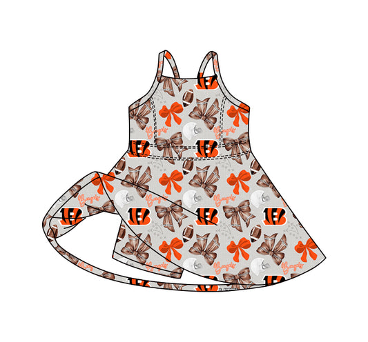 Preorder (moq 5)Baby Girls Strap Bows Footballs B Team Shorts Knee Length Dresses