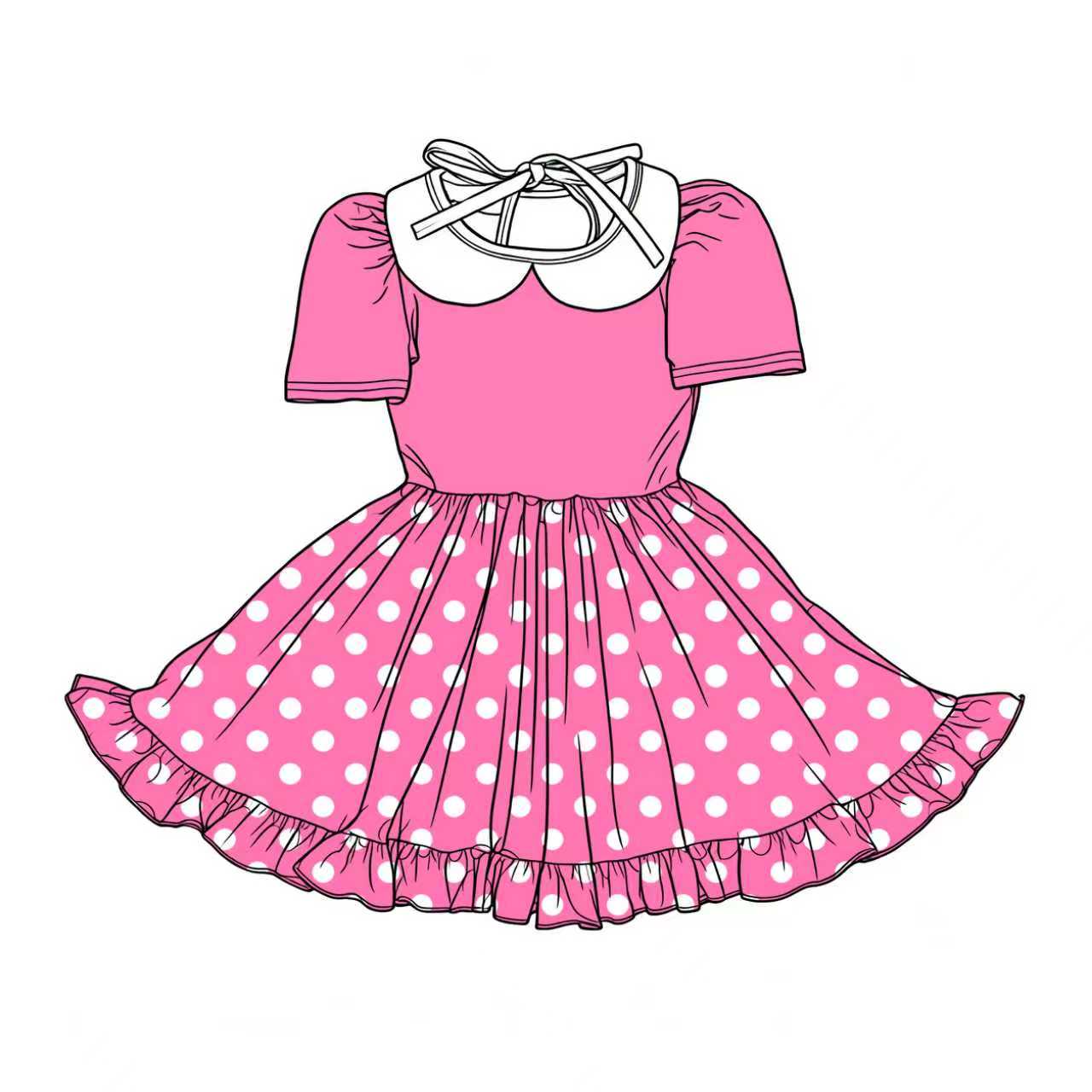 Preorder (moq 5)Baby Girls Pink Short Sleeve Polka Dots Collar Ruffle Knee Length Dresses