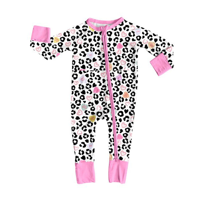 Preorder (moq 8)Baby Girls Hearts Leopard Valentine Zipper Footie Rompers
