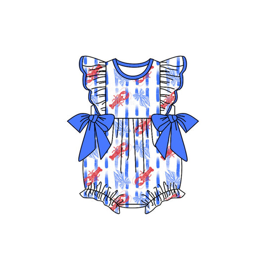 Preorder (moq 5)Baby Girls Flutter Sleeve Crayfishes Bows Stripe Ruffle Rompers