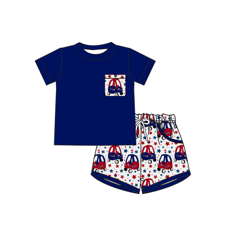 Preorder (moq 5)Baby Boys Shirt Top Stars USA Pockets Shorts 4th of July Clothes Sets