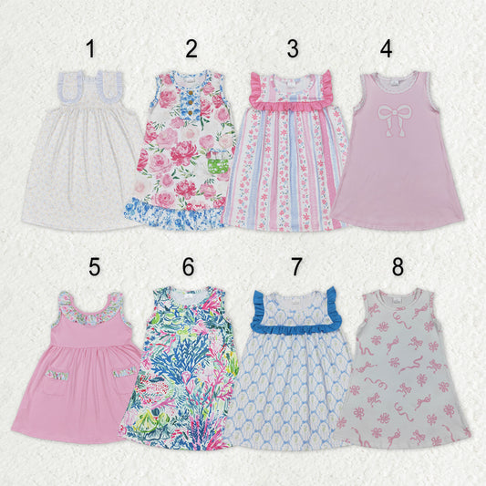 Sibling Baby Girls Sleeveless Bows Flowers Stripes Ruffle Knee Length Dresses