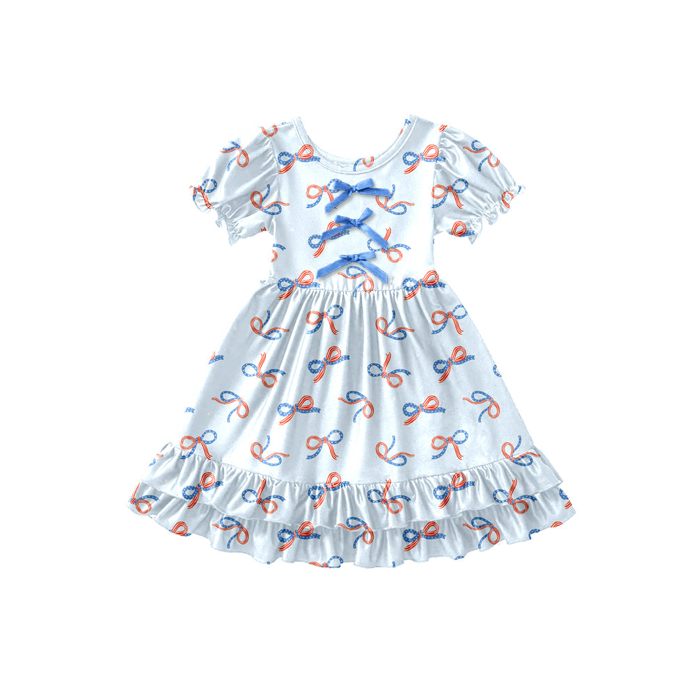 Preorder (moq 5)Baby Girls Red Blue Bows 4th of July Ruffle Knee Length Dresses