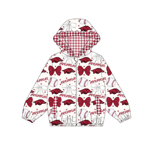 Preorder(moq 8)Baby Girls Red Bulls Bows Arkansas Pockets Zipper Team Ruffle Hoodies Jackets