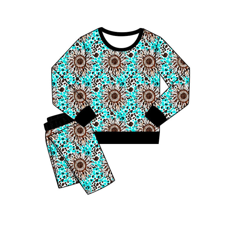Preorder(moq 5) Baby Girls Blue Leopard Sunflowers Pants Pajamas Sets