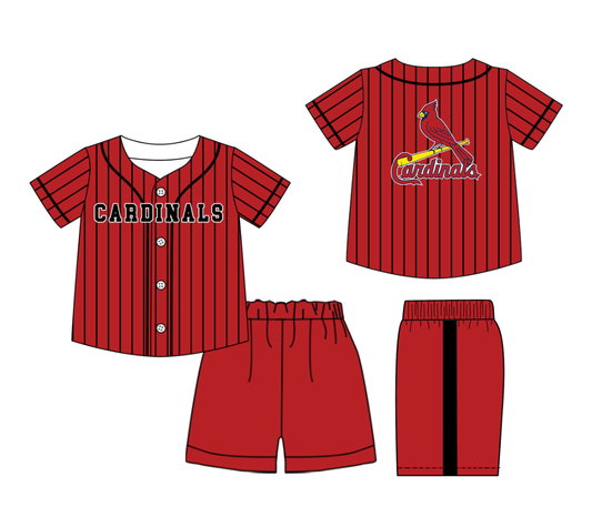 Preorder (moq 5)Baby Boys Black Stripe Cardinals Button Top Shorts Team Clothes Sets