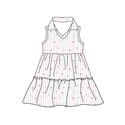 Preorder moq 5 Baby Girls Sleeveless Red Blue Stars Stripe 4th of July Knee Length Dress