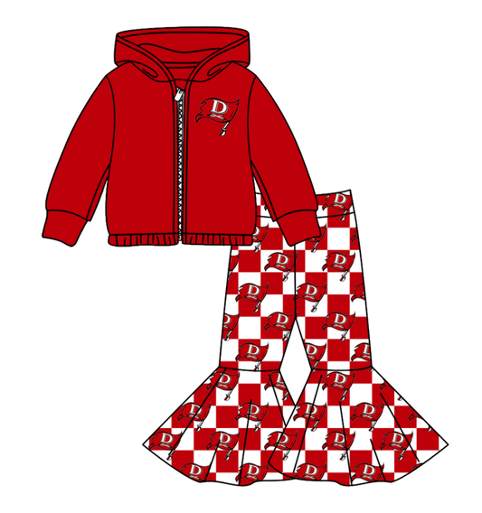 Preorder(moq 5) Baby Girls Red D Flags Zipper Hoodie Jacket Bell Bottom Pants Team Clothes Sets