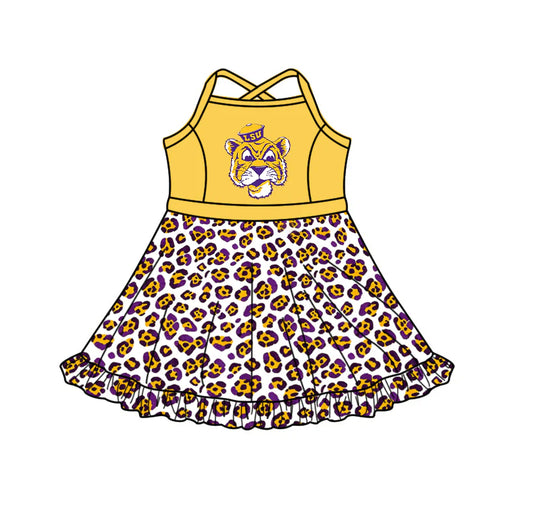 Preorder (custom moq 5)Baby Girls Strap Leopard LSU Tigers Short Ruffle Team Knee Length Dress