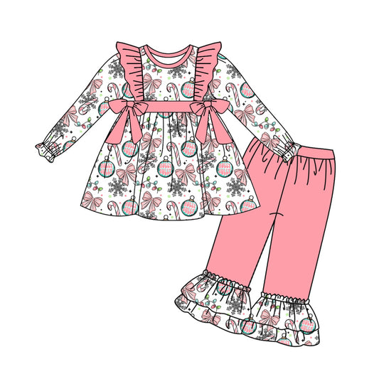 Preorder (moq 5)Baby Girls Bows Candy Cane Tunic Ruffle Pants Christmas Clothes Sets