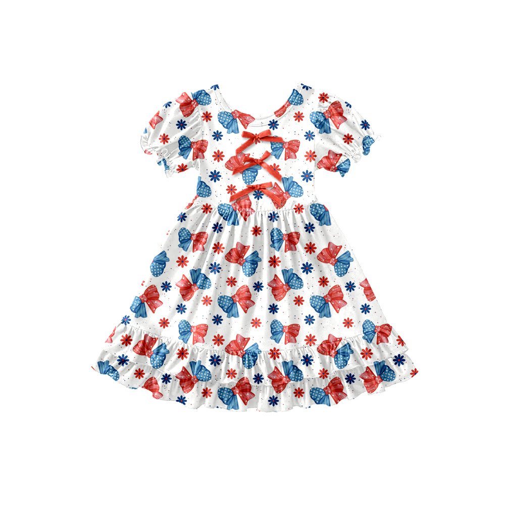 Preorder (moq 5)Baby Girls Flowers Bows 4th of July Ruffle Knee Length Dresses