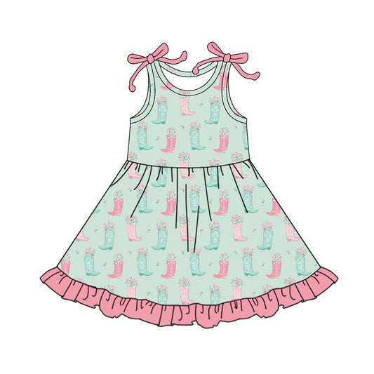 Preorder (moq 5)Baby Girls Colorful Flowers Boots Western Ruffle Knee Length Dresses