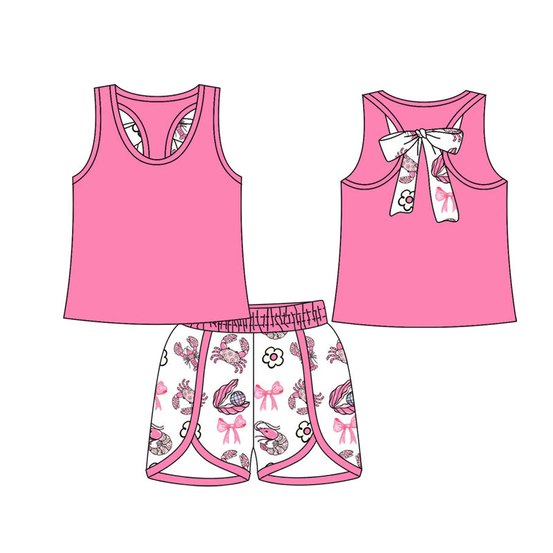 Preorder (moq 5)Baby Girls Sleeveless Back Bows Top Crabs Flowers Short Clothes Sets