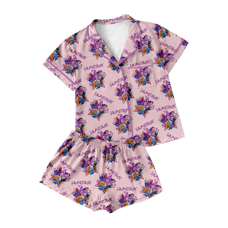 Preorder moq 5 Adult Women Cartoon Girls Hungry Button Pockets Top Shorts Pajamas Sets