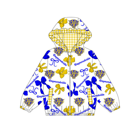 Preorder(moq 8)Baby Girls Blue Gold Bows Raymondville Pockets Zipper Team Ruffle Hoodies Jackets