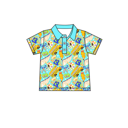 Preorder moq 5 Baby Boys Short Sleeve Pencils Bus Back to School Button Polo Shirt Top