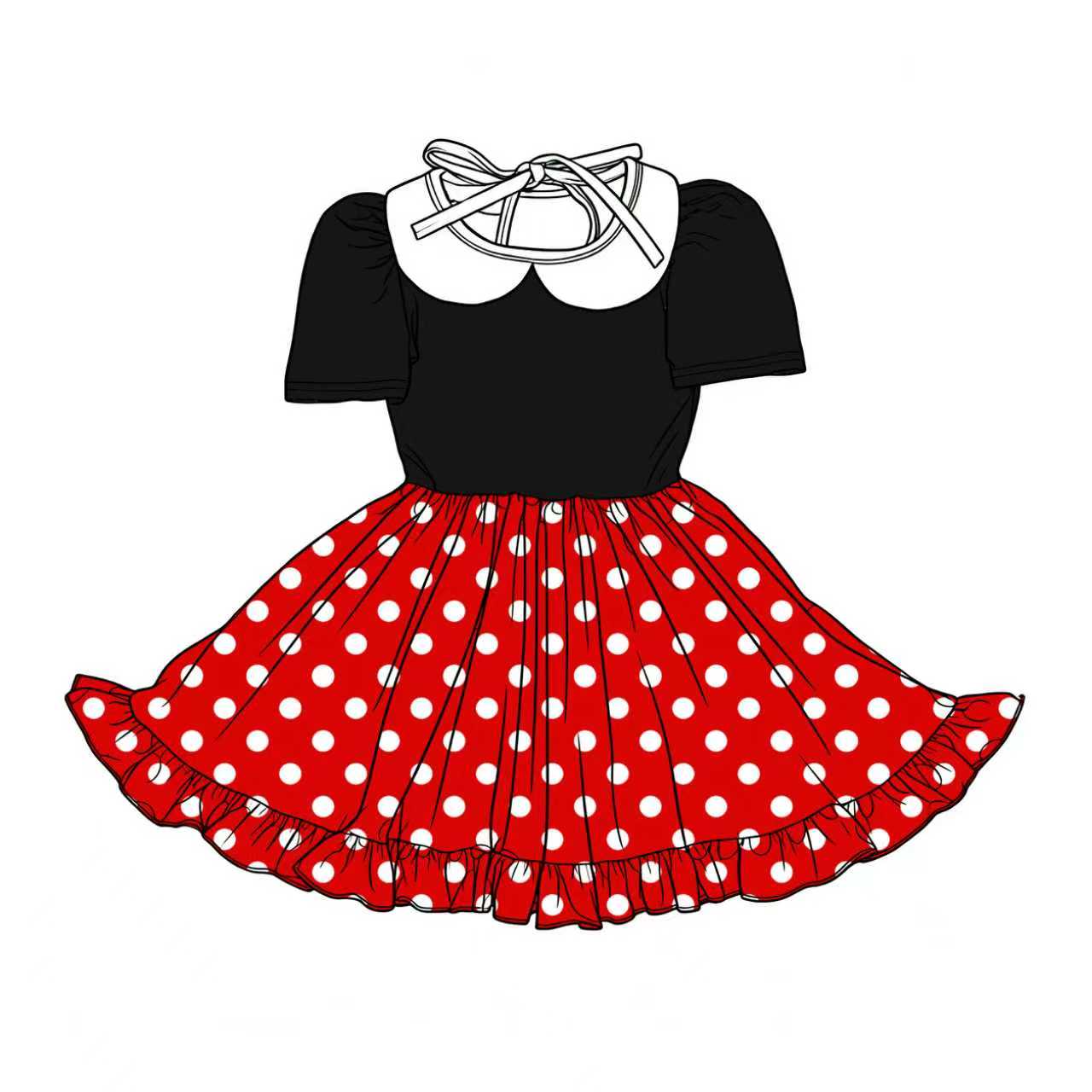 Preorder (moq 5)Baby Girls Black Red Short Sleeve Polka Dots Collar Ruffle Knee Length Dresses