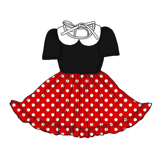Preorder (moq 5)Baby Girls Black Red Short Sleeve Polka Dots Collar Ruffle Knee Length Dresses