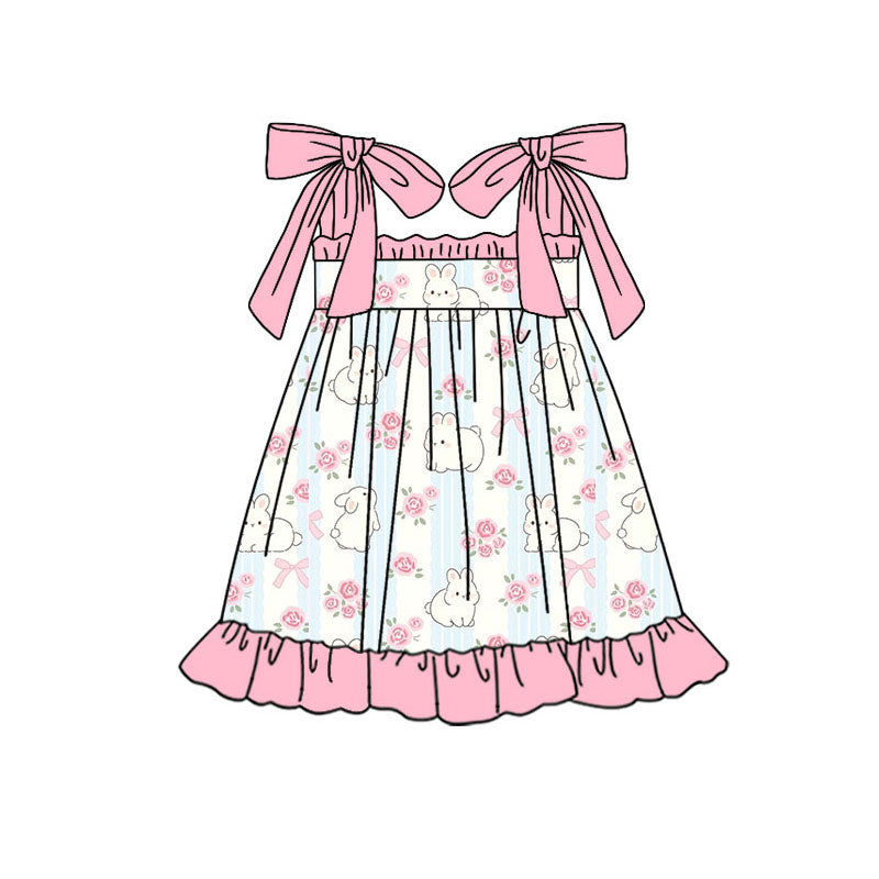 Preorder(moq 5) Baby Girls Pink Strap Flowers Rabbits Easter Ruffle Knee Length Dresses