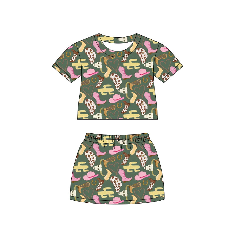 Preorder (moq 5)Baby Girls Boots Hats Cactus Top Skirt Shorts Western Clothes Set