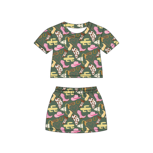 Preorder (moq 5)Baby Girls Boots Hats Cactus Top Skirt Shorts Western Clothes Set