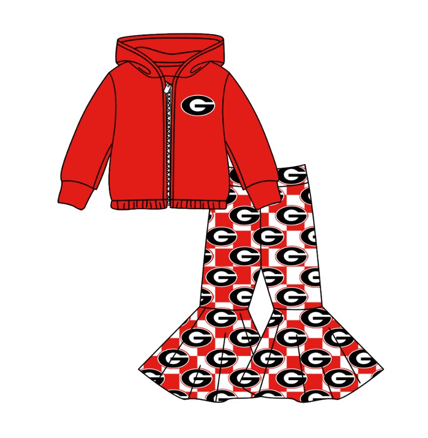 Preorder(moq 5) Baby Girls Red G Zipper Hoodie Jacket Bell Bottom Pants Team Clothes Sets