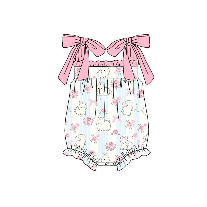Preorder (moq 5)Baby Girls Pink Strap Flowers Rabbits Easter Ruffle Rompers